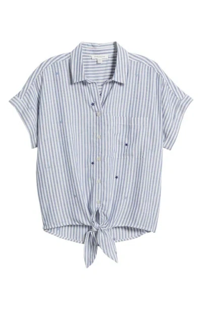 Beachlunchlounge Rosie Embroidered Tie Front Short Sleeve Button-up Shirt In Culebra Sky