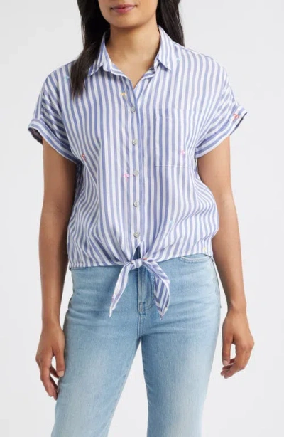 Beachlunchlounge Rosie Embroidered Tie Front Short Sleeve Button-up Shirt In Sand