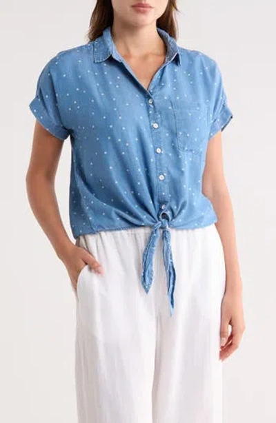 Beachlunchlounge Rosie Short Sleeve Button Down Tie Front Shirt In Blue