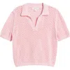 Beachlunchlounge Tae Short Sleeve Open Knit Polo Sweater In Petal Pink