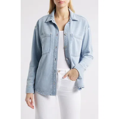 Beachlunchlounge Tania Washed Cotton Blend French Terry Button-up Shirt In Denim Blue Wash