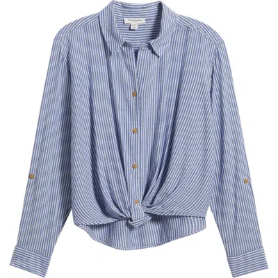 Beachlunchlounge Vivica Stripe Twist Hem Button-up Shirt In Blue