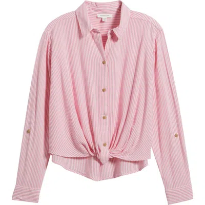 Beachlunchlounge Vivica Stripe Twist Hem Button-up Shirt In Pink