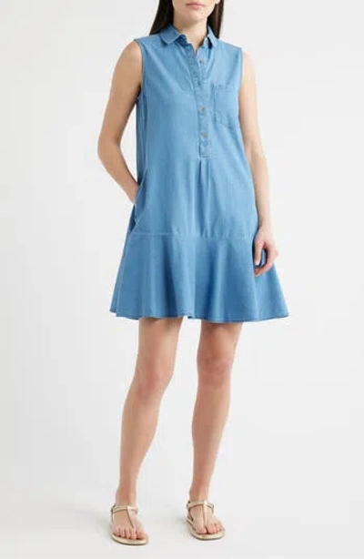 Beachlunchlounge Zurina Sleeveless Cotton Chambray Shirtdress In Blue