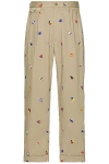 Beams 2 Pleats Trousers Embroidery On Print In Khaki