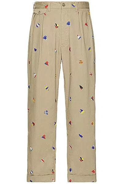Beams 2 Pleats Trousers Embroidery On Print In Khaki24