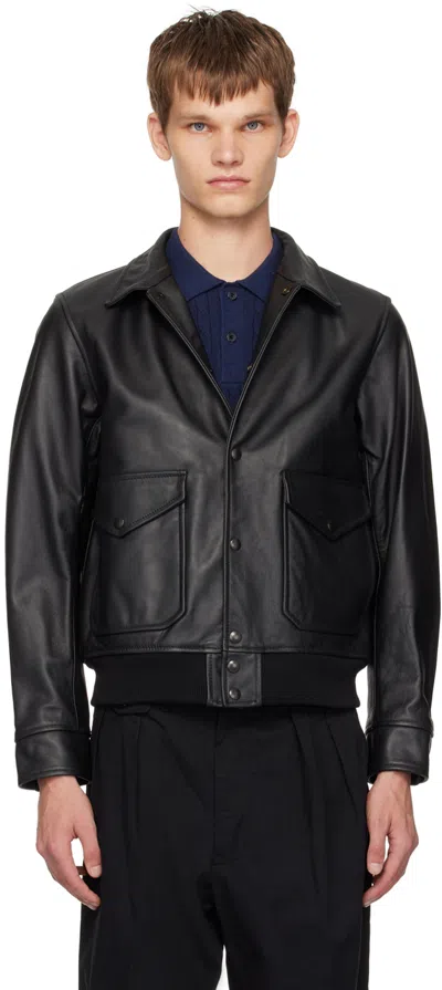 Beams Black Military Leather Bomber Jacket In Black19