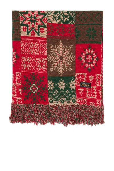 Beams Blanket Double Jacquard Patchwork Like Pattern In Red