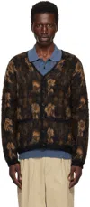 Beams Brown Double Jacquard Botanical Pattern Cardigan In Black19