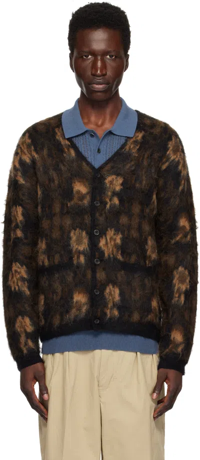 Beams Brown Double Jacquard Botanical Pattern Cardigan In Black19