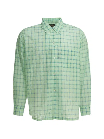 Beams Check-pattern Seersucker-texture Shirt In Green