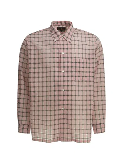Beams Open Collar Nylon Airy Plaid Shirts Pink In Multi