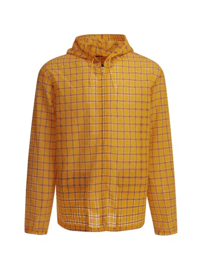 Beams Check-print Hooded Coat In Yellow