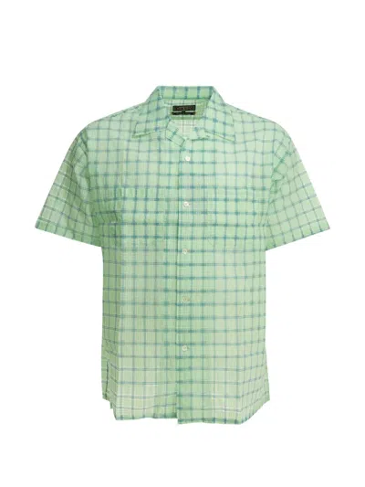 Beams Open Collar Nylon Checked Short Sleeve Shirt In Green