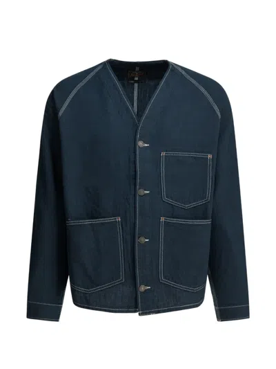 Beams Contrast-stitch Collarless Jacket In Blue