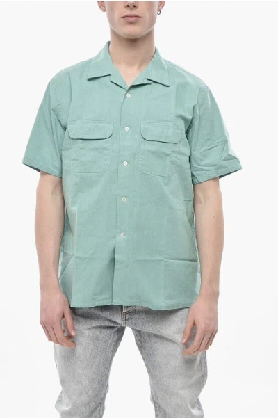 Beams Cotton-linen Short-sleeve Shirt With Double Chest Pocket In Blue