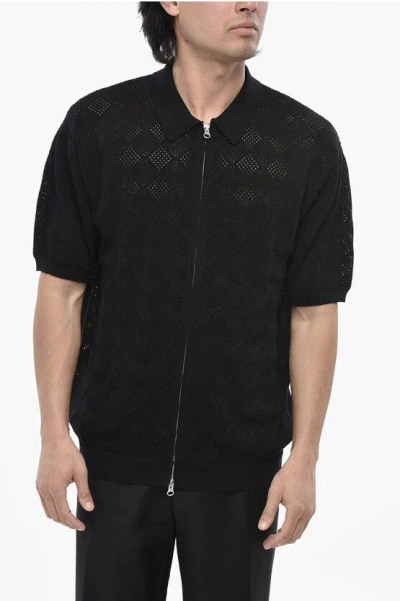 Beams Cotton Perforated Short-sleeve Polo Shirt In Black
