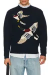 Beams Crew Intarsia Duck Pattern Sweater In Blue