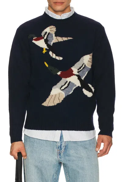 Beams Crew Intarsia Duck Pattern Sweater In Blue