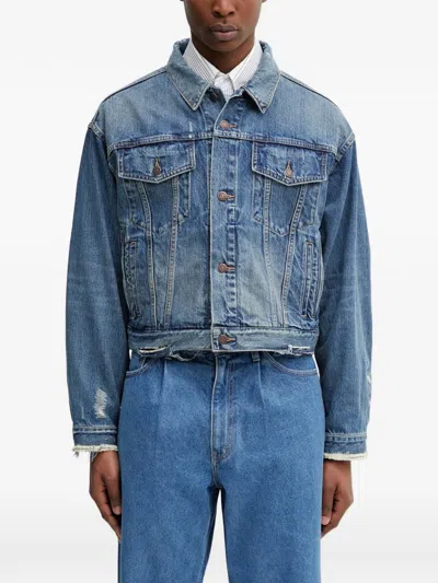 Beams Distressed Denim Jacket In Blau
