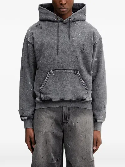 Beams Distressed Paint-splatter Hoodie In Grau