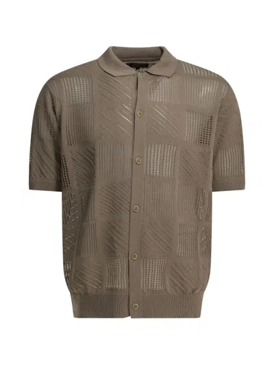 Beams Plus Brown Cotton Nylon Spandex Textured Knit Button-down Polo Shirt
