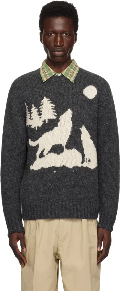 Beams Gray Crew Intarsia 3g Sweater In Charcoal.g17