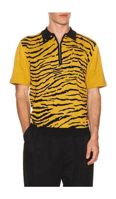 Beams Half Zip Knit Polo Animal Jacquard In Gold
