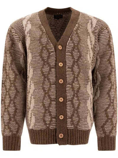 Beams Plus Textured Cable Knit Cardigan With V-neckline In Brown