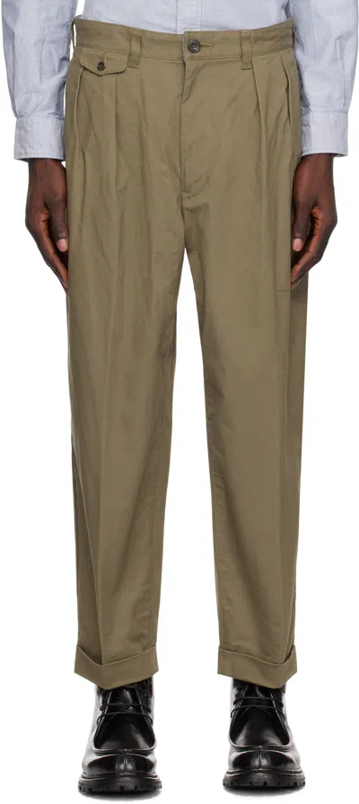 Beams Khaki 2 Pleats Twill Trousers In Olive67