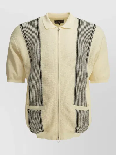 Beams Plus White Polyester Linen Polyester Nylon Linen Textured Knit Zipper Polo Shirt In Neutral