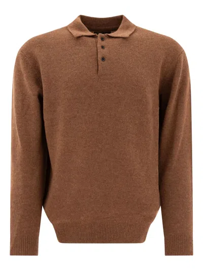 Beams Wool Polo Shirt Featuring Ribbed Cuffs And Hem In Brown