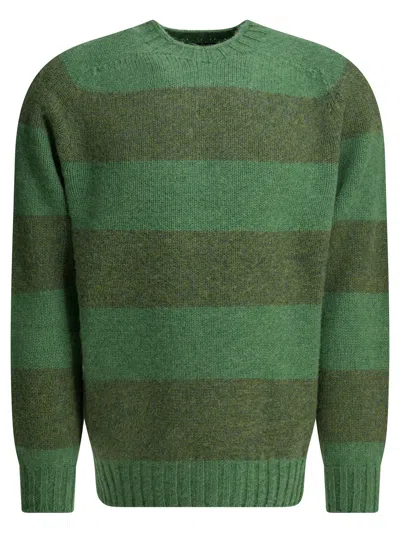Beams Crew Neck Striped Knitwear Ribbed Trims In Green