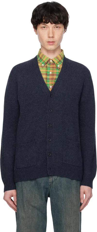 Beams Navy Elbow Patch Cardigan In Navy79