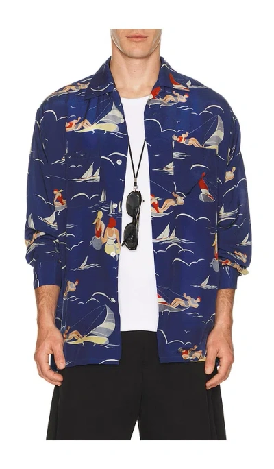 Beams Open Collar Cupro Print In Blue