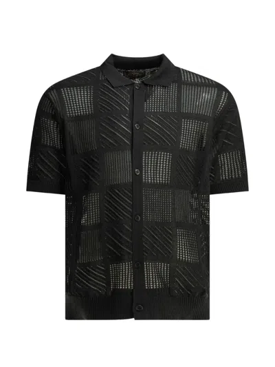 Beams Plus Black Cotton Nylon Spandex Textured Knit Button-down Polo Shirt