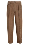 BEAMS PLEATED TAPERED LEG LINEN BLEND PANTS