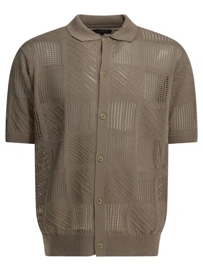 Beams Plus Brown Cotton Nylon Spandex Textured Knit Button-down Polo Shirt