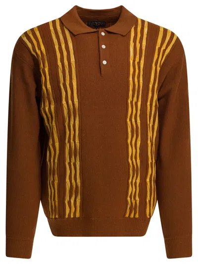 Beams Plus Knit Polo Born Stripe 14g Shirt In Brown