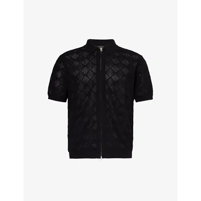 Beams Plus Mens Black Zip Open-knit Cotton Knitted Polo Shirt