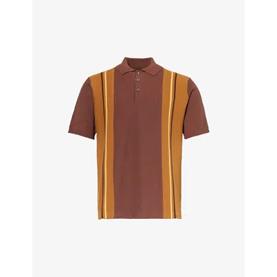 Beams Plus Mens Brown Striped Regular-fit Cotton Knitted Polo Shirt