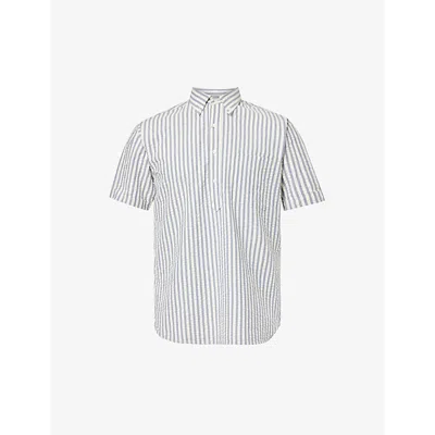 Beams Plus Mens Indigo Stripe Stripe-print Short-sleeve Cotton Shirt