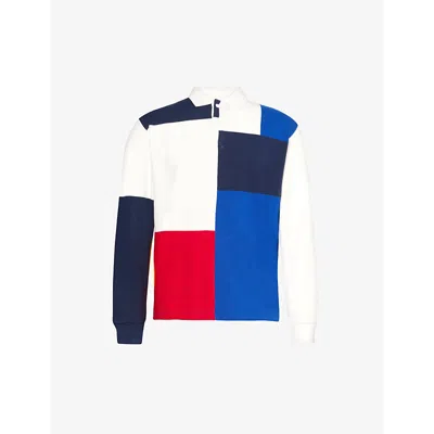 Beams Plus Mens Multi Colour Block Ribbed-trim Cotton-blend Polo Shirt