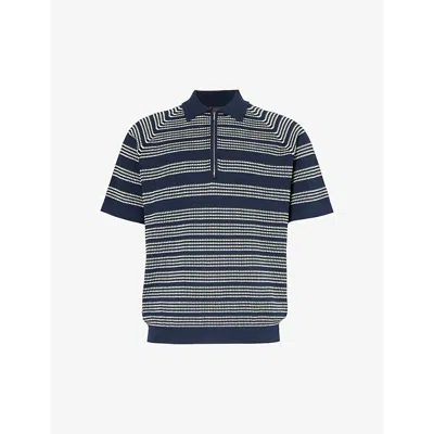 Beams Plus Mens Navy Zip Stripe-pattern Cotton Knitted Polo Shirt