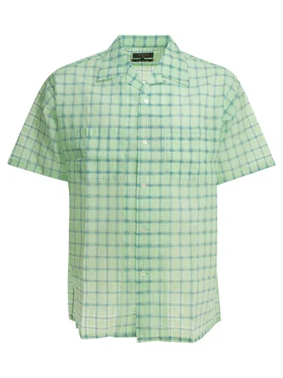 Beams Open Collar Nylon Checked Short Sleeve Shirt In Green