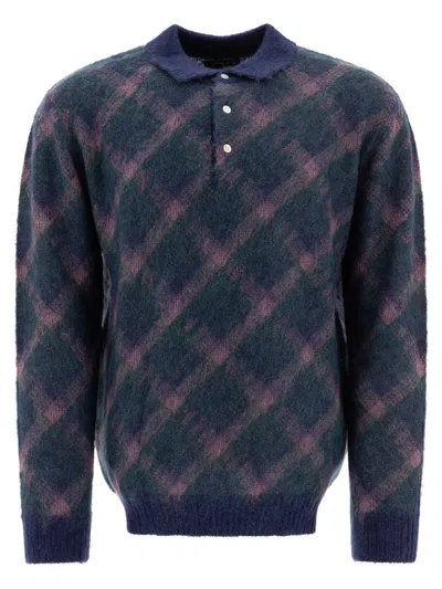 Beams Navy Knit Shaggy Polo In Blue