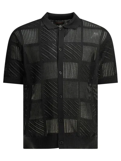 Beams Plus Textured Knit Button Down Polo Shirt In Black