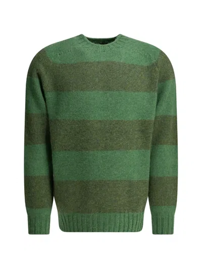 Beams Crew Neck Striped Knitwear Ribbed Trims In Green