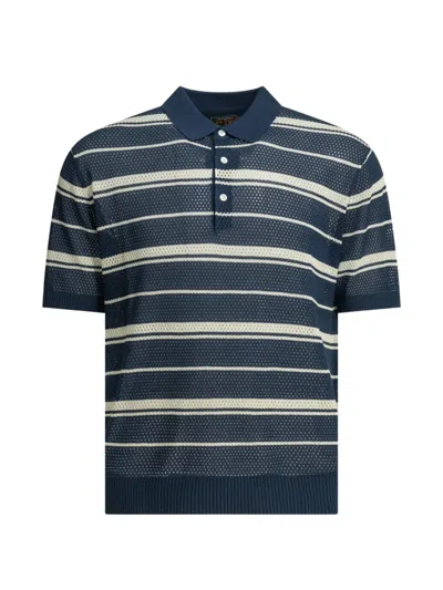 Beams Plus Blue Cotton Cotton Nylon Spandex Striped Button-down Polo Shirt