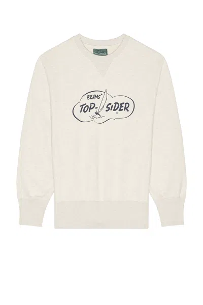 Beams Sweat Crew Print In White